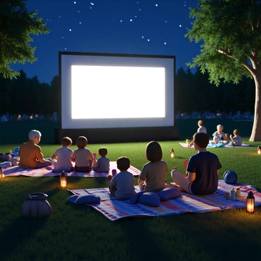 A group of families gathered at an outdoor cinema, sitting on colorful picnic blankets spread across a grassy field. Some children are playing nearby, while others are snuggled up under blankets, looking up at the large white screen displaying a movie. Parents are sitting with their arms around their kids, sharing snacks from containers placed on the blankets. The night sky is filled with twinkling stars, and a gentle breeze is rustling the leaves of nearby trees. A few lanterns are placed around the seating area, casting a soft glow, creating a cozy atmosphere.
