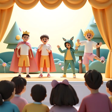 A group of students is on a brightly lit school stage, enthusiastically performing a play. The stage is decorated with colorful backdrops depicting a fantasy forest, complete with trees and flowers. Each student is dressed in vibrant costumes that reflect their characters; for example, one student is wearing a bright red cape and a crown, while another is dressed as a woodland creature in a green outfit with ears. The audience, consisting of parents and classmates, is visible in the foreground, captivated by the performance. The expressions of the students show excitement and concentration as they act out their roles.