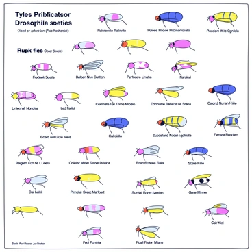 A colorful chart featuring various species of "Drosophila" arranged in a grid layout. Each species is displayed in a distinct section, showcasing a small illustration of the fly beside its name. The illustrations depict the flies with different colors and patterns, highlighting their physical characteristics. The background of the chart is white to enhance the vibrancy of the colors used for each species. Text labels are clear and easy to read, providing scientific names and brief descriptions of each "Drosophila" species.