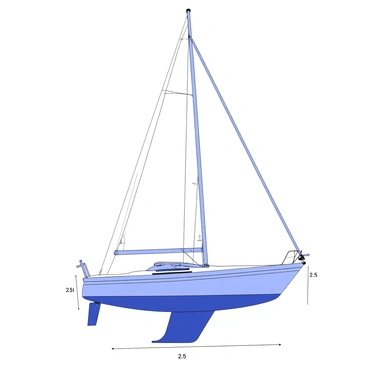 A detailed drafting illustration of a sailboat is presented. The sailboat features a tall mast with a triangular mainsail, a smaller foresail, and various rigging lines extending from the mast to the hull. The hull is streamlined, highlighting the keel and rudder below the waterline. Each part of the sailboat is clearly labeled, including the mast, boom, sails, deck, and cockpit. Dimensions are indicated with precise lines and measurement annotations for the height of the mast and the length of the hull. Additional details include the placement of cleats, winches, and the anchor at the bow.
