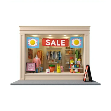 A cheerful shop window filled with colorful decorations for a seasonal sale event. There are vibrant banners displaying "Sale" in bold letters, adorned with playful illustrations of flowers and fruits. The window features neatly arranged merchandise, including bright summer clothing and accessories. A charming display of seasonal items, such as hats, sunglasses, and beach bags, is positioned prominently. The background includes a playful backdrop with twinkling lights and cheerful colors, creating an inviting atmosphere that encourages passersby to stop and shop.