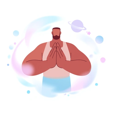 A figure is performing the "namaste" pose with both hands pressed together in front of the chest. The figure's body is slightly bent forward, and it is surrounded by a soft, glowing aura. Various floating objects, like small planets and stars, drift gently in the background, enhancing the zero-gravity environment. The colors in the scene are gradient pastel shades, blending harmoniously to create a serene atmosphere.