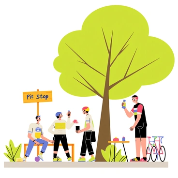 Cyclists taking a quick break at a roadside pit stop under a big tree