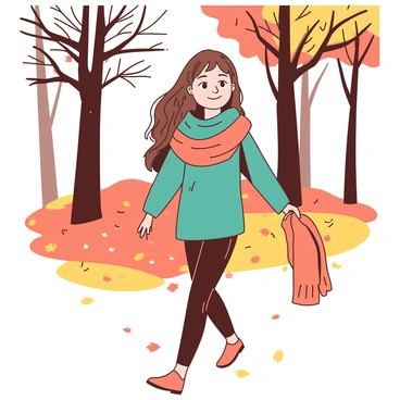 A girl with long brown hair is walking through a park that is carpeted in fallen autumn leaves. Her outfit consists of a warm teal sweater and a cozy scarf held in her hands. The ground is a vibrant mix of orange and yellow leaves, creating a beautiful contrast. Tall trees with branches almost bare surround her, and the soft light filters through, casting a gentle glow on the scene. She looks content as she strolls, enjoying the crisp autumn air.