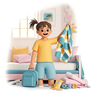 A young girl, around ten years old, with long brown hair tied in a playful ponytail, is packing a small blue backpack. She is wearing a bright yellow t-shirt and denim shorts. Her face is beaming with excitement as she holds up a colorful beach towel in one hand, while the other hand is reaching into a pile of clothes on her bed. The room is cozy, with posters of tropical islands on the walls and a sunlit window casting a warm glow. Scattered around her are various items like sunscreen, a book, and a pair of sunglasses.
