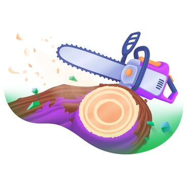 A close-up view of a chainsaw actively cutting through a large, textured tree trunk. The blade of the chainsaw is prominently featured, showcasing its sharp teeth. Surrounding the chainsaw, particles of sawdust are dynamically flying in various directions, capturing the motion of the cutting process. The bark of the tree trunk displays rich browns and greens, highlighting the detailed textures of the wood. Bright sunlight illuminates the scene, creating a clear contrast between the metallic chainsaw and the organic materials.