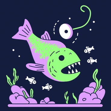 An anglerfish is swimming through dark waters, showcasing its elongated body and wide mouth filled with sharp teeth. Its skin is textured, with numerous small protrusions. The fish has a prominent lure extending from its forehead, which glows brightly, illuminating the surrounding water. Around the anglerfish, there are small fish curiously swimming close to the light. In the background, faint shadows of underwater plants and rocks can be seen, adding depth to the scene.