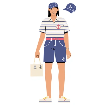 A nautical-themed outfit featuring a crisp white and navy striped shirt with short sleeves. The shirt is complemented by high-waisted navy shorts with a subtle anchor motif woven into the fabric. A red belt cinches the waist, adding a pop of color. The outfit is completed with a pair of classic white canvas sneakers and a matching navy cap adorned with an embroidered anchor. A small, stylish tote bag with a rope handle rests beside the outfit, echoing the maritime theme.