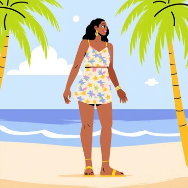 Aaliyah is standing on a sandy beach surrounded by tall palm trees swaying gently in the breeze. She is wearing a light, breezy summer outfit consisting of a vibrant patterned sundress and stylish sandals. Aaliyah has a relaxed expression as she takes in the beautiful scenery. The sun is shining brightly in the clear blue sky, and a few fluffy white clouds can be seen in the distance. The ocean waves gently lap at the shore, creating a tranquil atmosphere.