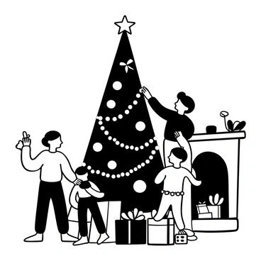 A family together in a living room, with a large Christmas tree in the center adorned with various vintage ornaments. Handmade garlands made of popcorn and cranberries hang elegantly from the tree branches. The family members are engaged in decorating, with one person holding a shiny star ornament ready to place atop the tree. Strands of twinkling lights drape over the branches, creating a festive atmosphere. Nearby, a cozy fireplace holds stockings waiting to be filled. An assortment of wrapped gifts is scattered around the base of the tree.