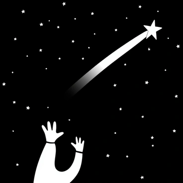 A child's finger extends upward toward a large, bright shooting star streaking across a dark night sky. The star leaves a trailing glow that contrasts sharply against the vast expanse of the black sky filled with scattered stars. The child's hand is small and delicate, set against a backdrop of twinkling celestial bodies, creating a sense of wonder and curiosity.