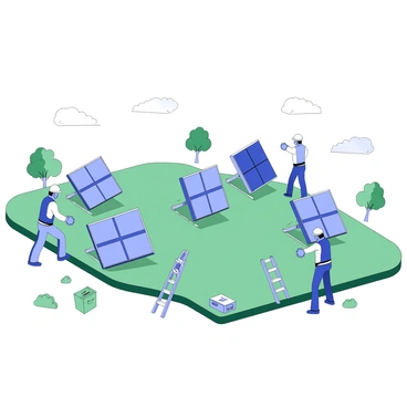 A group of engineers is installing solar panels in a large, open field. The engineers are wearing safety gear, including helmets and reflective vests. They are positioned around several solar panels that are being mounted on metal frames. The field is covered with green grass, and there are a few scattered trees in the background. The sky is clear with no clouds, allowing sunlight to fully illuminate the scene. Tools and equipment are placed nearby, including a ladder and a toolbox.
