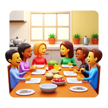 A cozy kitchen scene featuring a group of friends gathered around a wooden table. Each friend holds a handwritten recipe card, showcasing different colors and designs. The kitchen is warm and inviting, with soft lighting illuminating the space. There are kitchen utensils and ingredients spread out on the table, such as bowls, measuring cups, and fresh produce. The friends display expressions of joy and excitement as they share their recipes. A kettle is simmering on the stove, and potted herbs are visible on the windowsill, completing the homely atmosphere.
