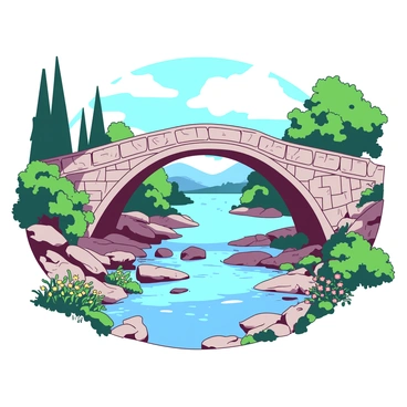 An ancient stone bridge arches gracefully over a small stream. The bridge is made of weathered stones, displaying intricate carvings and moss growth. Below the bridge, the crystal-clear water of the stream flows gently toward the larger expanse of Lake Como in the background. Surrounding the area are lush green trees and vibrant wildflowers along the banks of the stream, creating a serene yet lively atmosphere. The surface of Lake Como glistens under the light, reflecting the natural beauty of the landscape.