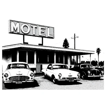A nostalgic roadside motel is positioned prominently in the image, featuring a large, illuminated neon sign with the word "MOTEL" in bold letters. The structure exhibits a simple, vintage design with a sloped roof and several rooms visible through the large windows. Classic cars in various states of restoration are parked outside the motel, showcasing designs from the mid-20th century. The scene captures a sense of stillness, with the cars having shiny chrome details and colorful paint jobs. The sky above is clear, adding to the ambiance of the tranquil roadside setting.