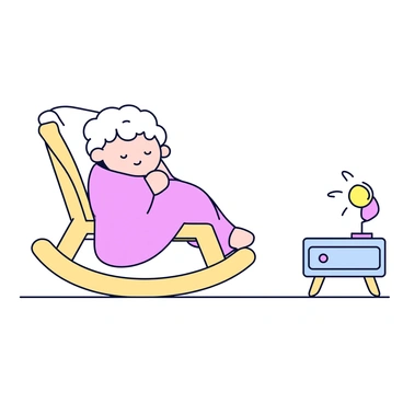 A nursery rocking chair made of light wood is positioned in a cozy room. A child with curly hair is cuddled under a soft, pastel-colored blanket. The child has closed eyes and a serene expression, indicating peaceful sleep. The rocking chair is in motion, gently swaying back and forth. Nearby, there is a small nightstand with a soft nightlight casting a warm glow, enhancing the calming atmosphere of the room.