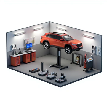 A comprehensive vehicle health check setup featuring a spacious garage environment. In the center, there is a raised vehicle on a hydraulic lift, exposing its undercarriage for inspection. Surrounding the vehicle are various diagnostic tools, including a computer workstation with a large screen displaying vehicle data, an OBD-II scanner, and a tire pressure monitoring system. There are also multiple toolboxes filled with wrenches, screwdrivers, and specialized automotive tools. The walls of the garage are lined with shelves holding spare parts and manuals, and there are bright overhead lights illuminating the area for optimal visibility.