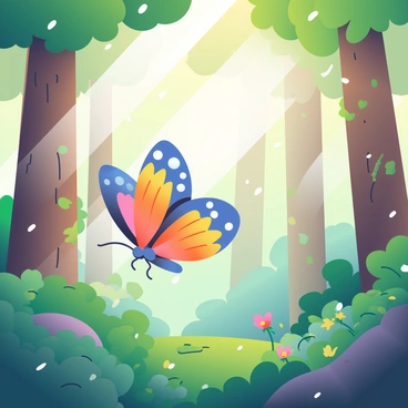 A colorful butterfly with large, intricate wings is fluttering among the trees in a sunlit forest. The wings display a mix of blue and orange patterns, catching the light as it moves. Sunbeams filter through the lush green canopy above, creating dappled light on the forest floor, which is covered with various shades of green foliage and small wildflowers. In the background, tall trees stretch upwards, their trunks brown and textured, with patches of moss clinging to them. The air is filled with tiny particles of light, enhancing the vibrant atmosphere of the scene.