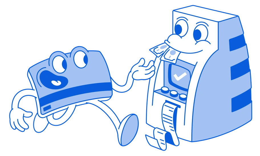A cartoon character interacting with an ATM - Handy Line style illustration