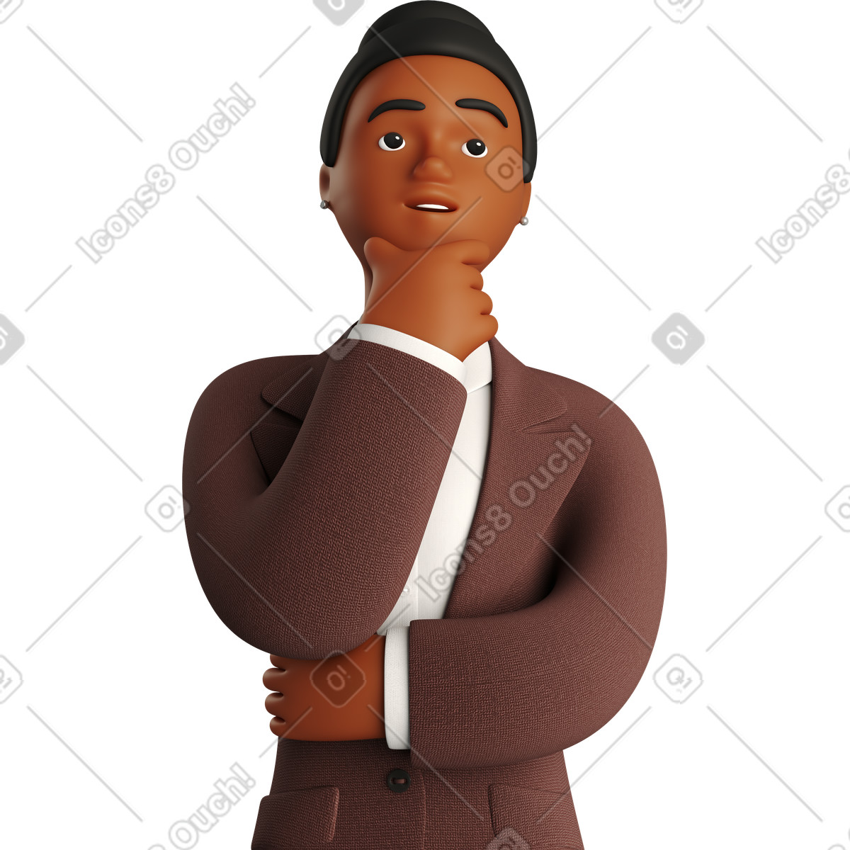 Illustration Black pondering businesswoman in brown suit looking up dans le style 3D Business à télécharger aux formats PNG, SVG