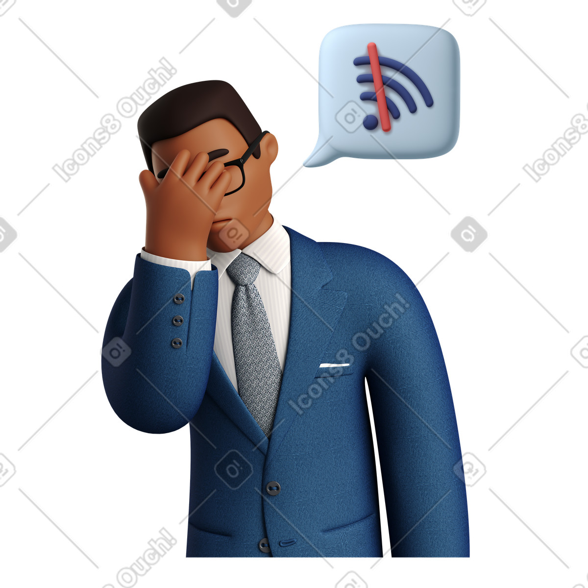 Mann, der sich bei wi-fi-verlust mit hand bedeckt-Illustration im 3D Business-Stil als Download in PNG, SVG