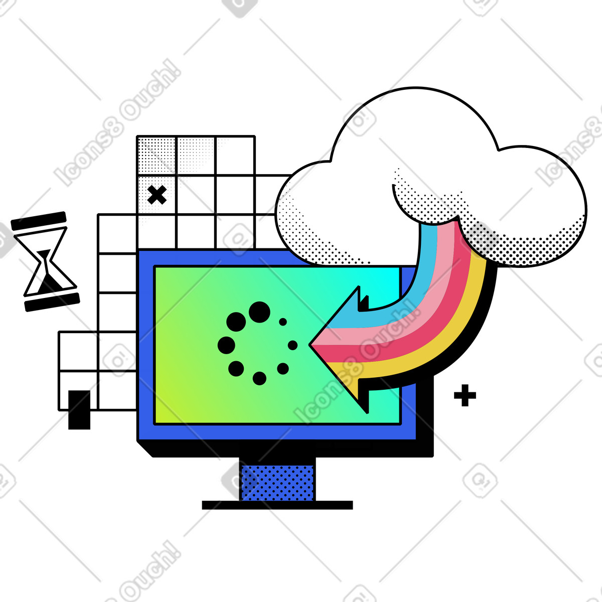 Scaricare file dal cloud al computer illustrazione in stile Memphis scarica in PNG, SVG