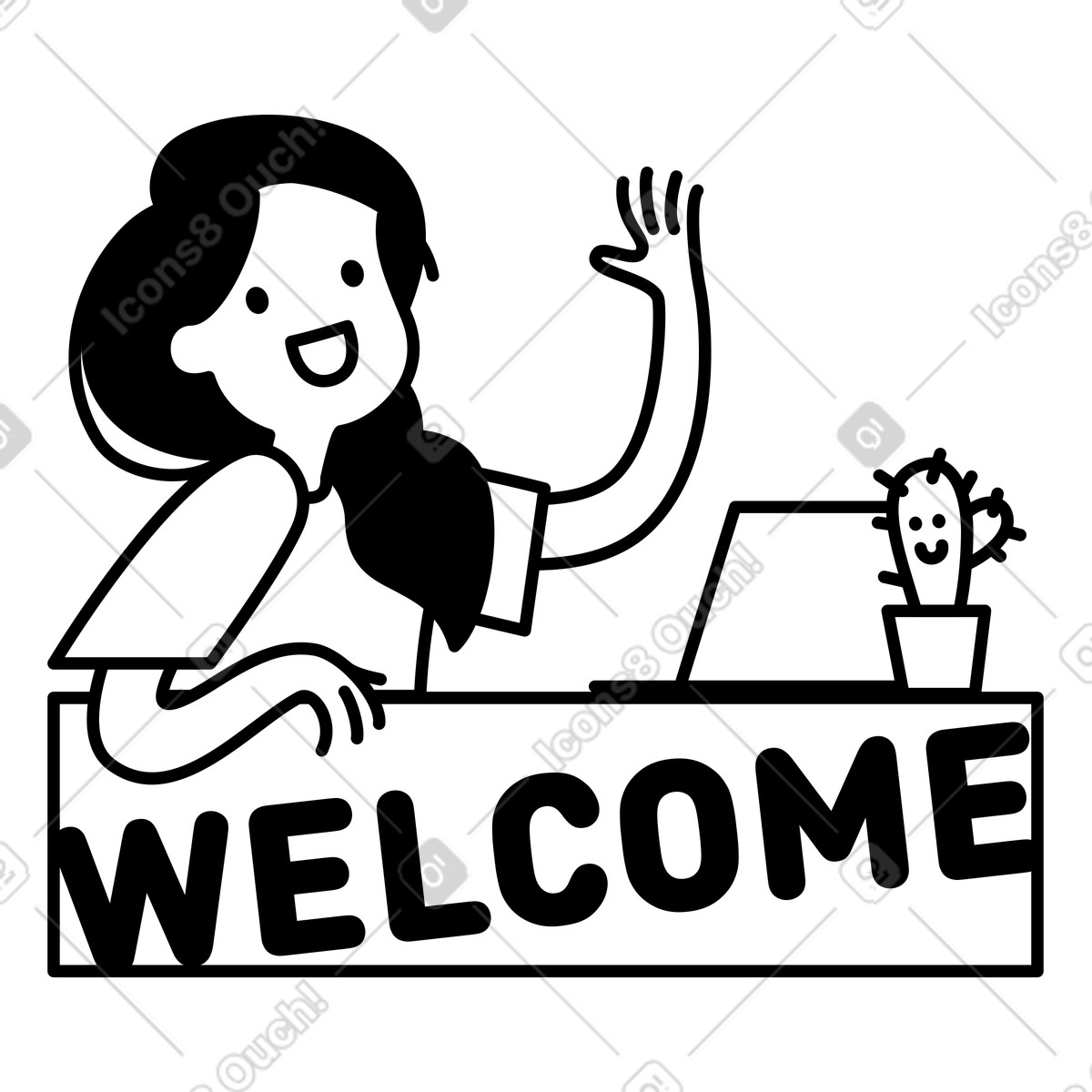 Welcome sign with smiling receptionist waving hand at desk illustrazione in stile Notion Line Art scarica in PNG, SVG