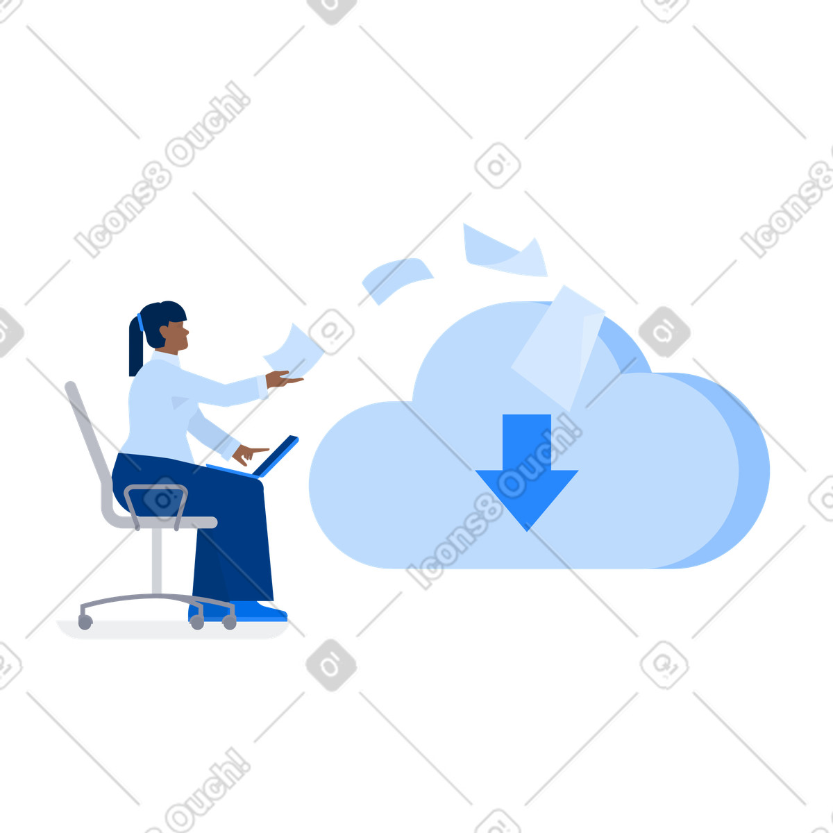 Ilustración Office worker uploading data to cloud, online storage and digital file management en estilo Urban a descargar en PNG y SVG