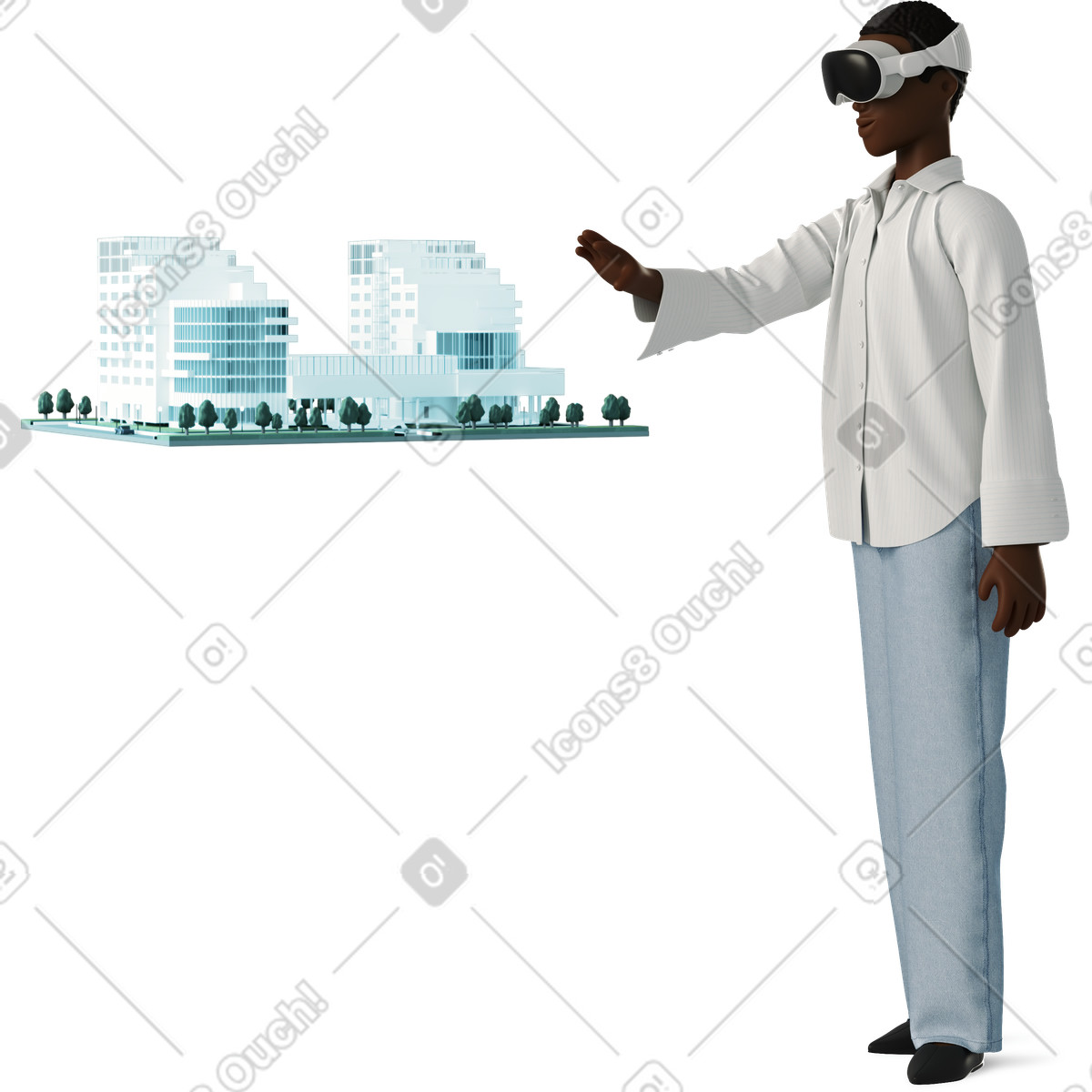 Giovane donna che guarda il modello con gli occhiali vr illustrazione in stile 3D Business scarica in PNG, SVG