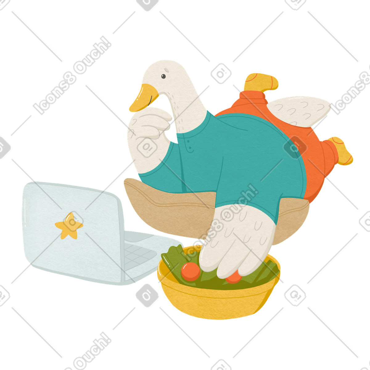Goose is lying on a pillow looking at computer and eating snacks illustration in style download in PNG, SVG