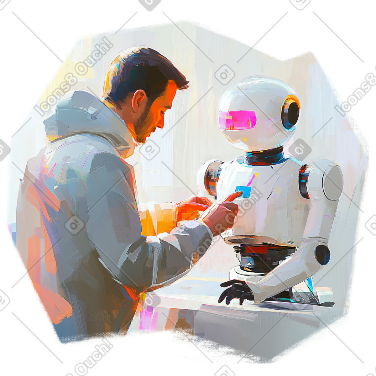 Oil painting illustration of a technician repairing a robot clipart in PNG SVG GIF