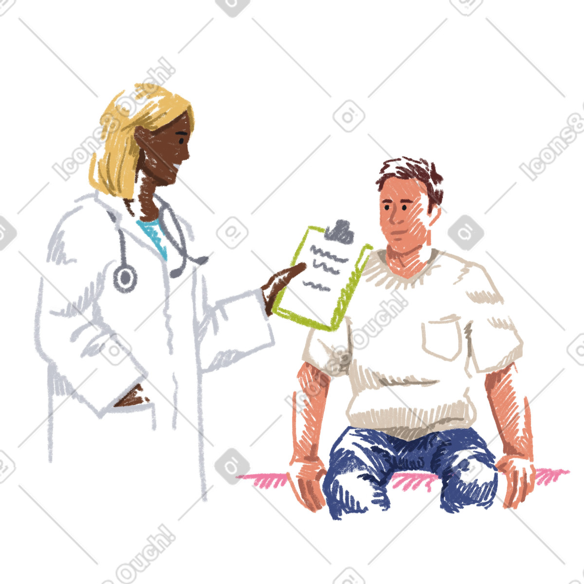 Ilustración Hombre en cita médica con una doctora estilo Sketchbook a descargar PNG y SVG