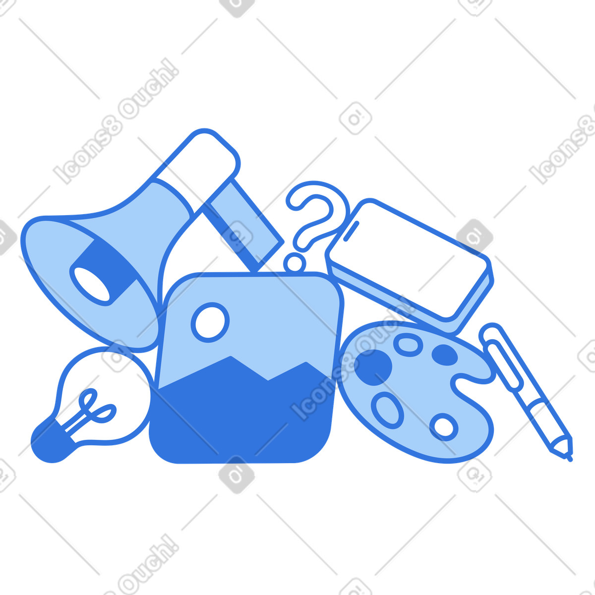 Creative tools with smartphone and question mark, Modern workflow innovative thinking illustration in Sky style download in PNG, SVG