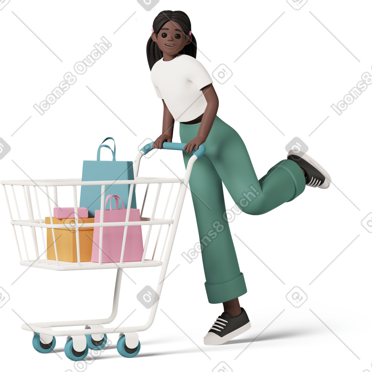 3D Casual life 스타일의 Black girl with shopping cart 일러스트레이션 PNG, SVG 다운로드