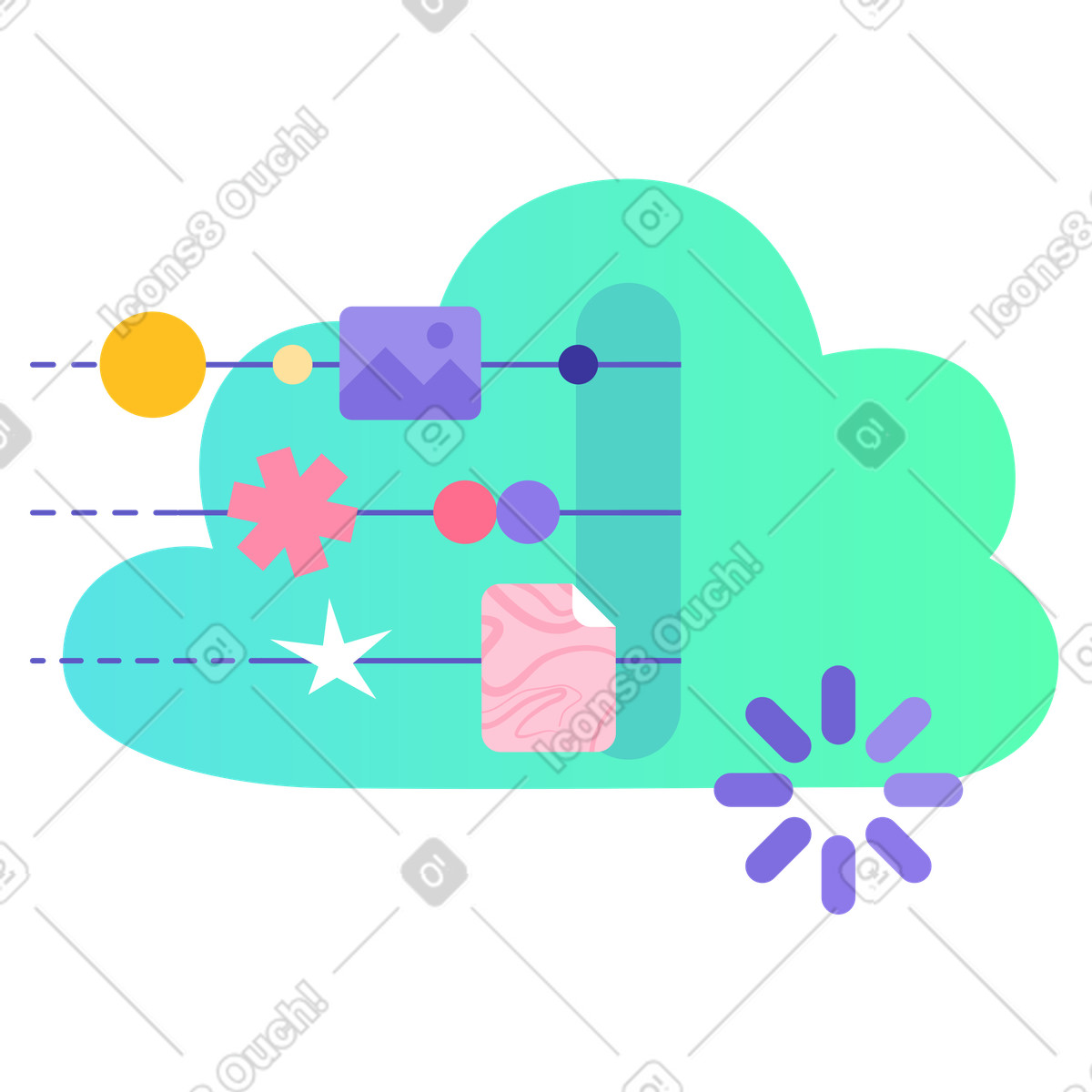 Cloud-speicher und datenrouting, digitale assets im cloud-system, cloud-bereitstellung mit prozessablauf-Illustration Bright-Stil als Download in PNG, SVG