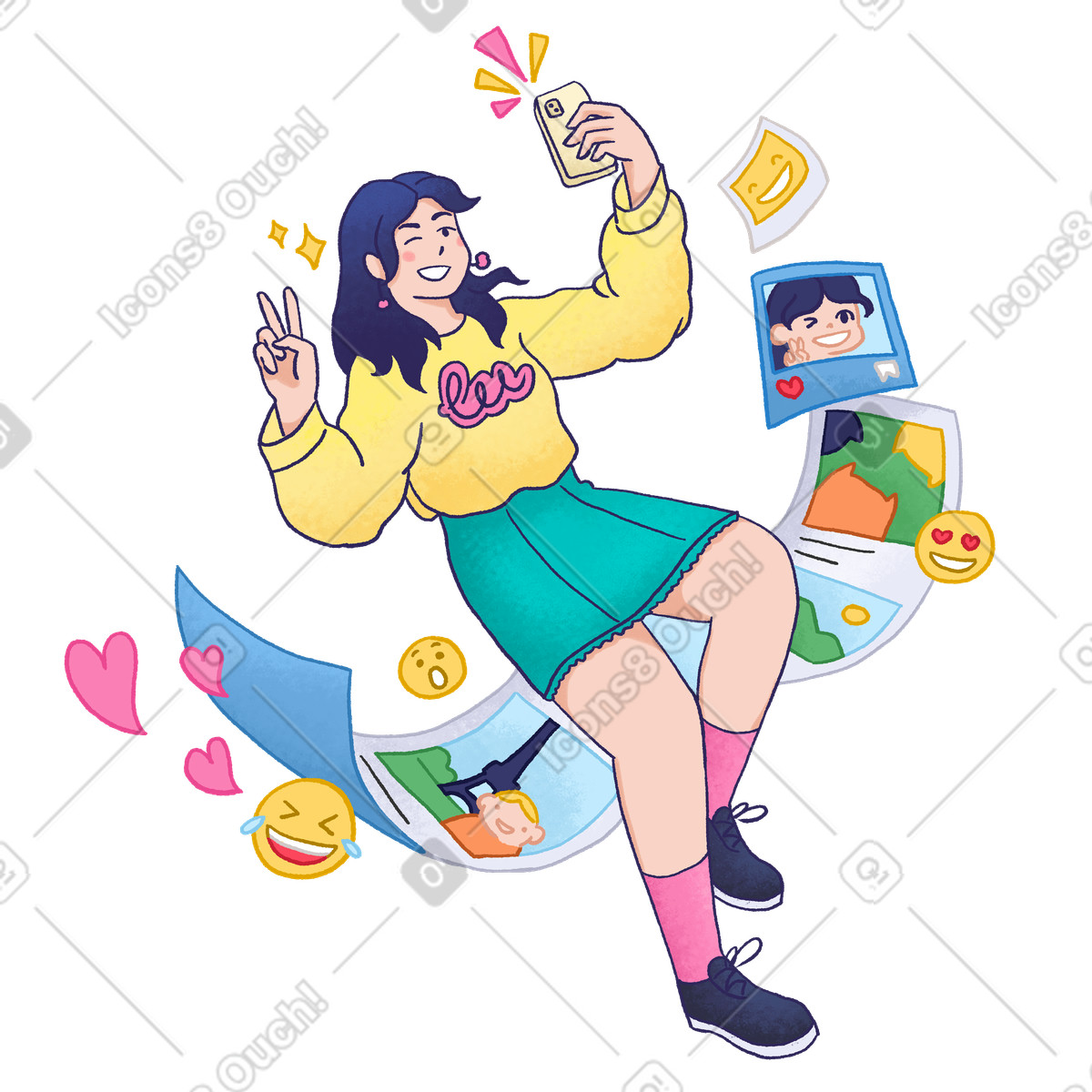 Giovane donna che scatta selfie per i social media illustrazione in stile Hue scarica in PNG, SVG