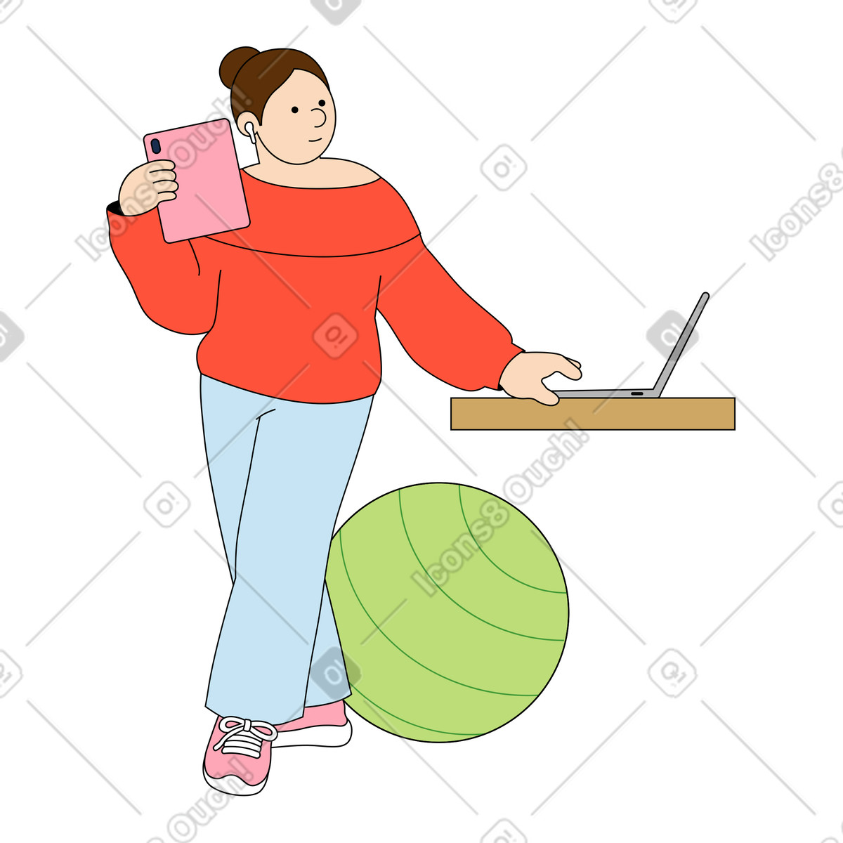 Junge frau macht mehrere dinge gleichzeitig-Illustration im Kindy-Stil als Download in PNG, SVG