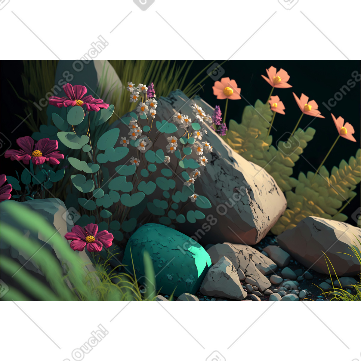 Ilustración Composición 3d de flores con rocas. en estilo Experimental a descargar en PNG y SVG