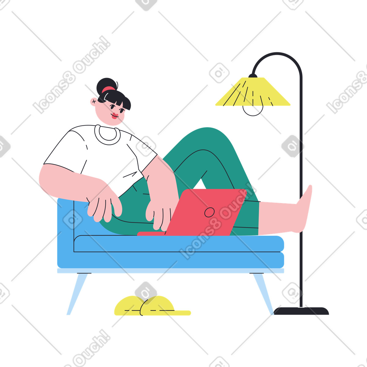 Person with laptop relaxing on sofa, cozy home office and remote work flexibility illustration in Boba style download in PNG, SVG