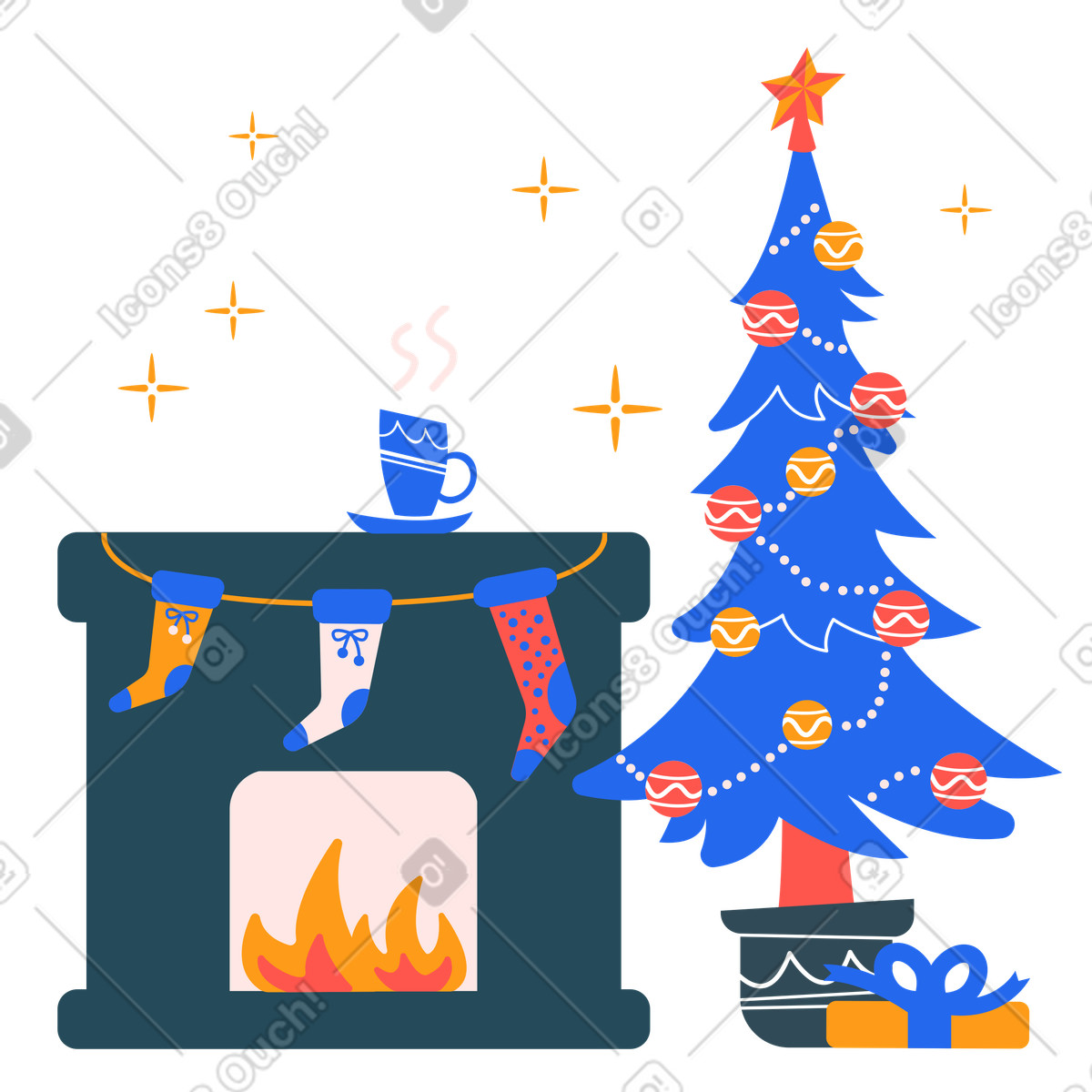 Christmas tree next to a fireplace illustration in Kingdom style download in PNG, SVG