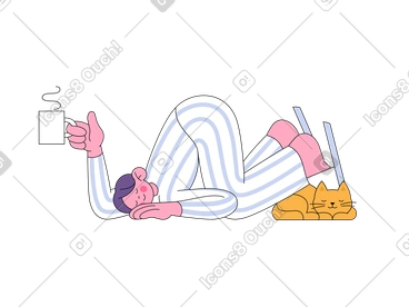 Sleepy man in pyjamas with coffee mug tripped over cat PNG, SVG