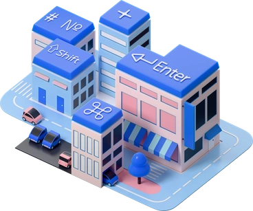 A cityscape with buildings resembling keyboard keys - 3D Editorial style illustration