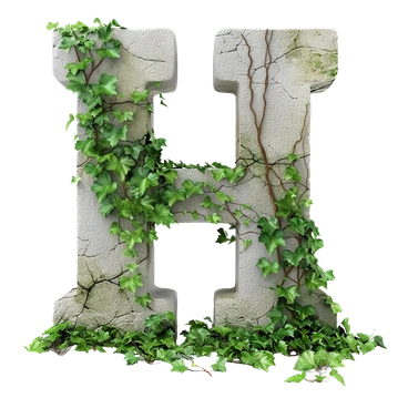 A cracked stone letter 'H' covered in ivy - Initial style illustration