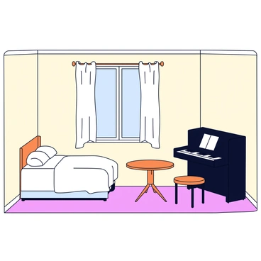 A small studio apartment with light-colored walls and wooden flooring. A cozy bed with white bedding is positioned against one wall. In the corner by the window, there is a black piano with shiny keys, accompanied by a simple wooden stool. The window has sheer white curtains allowing soft light to enter the room. A small round table with two chairs is situated near the bed, creating an inviting space.