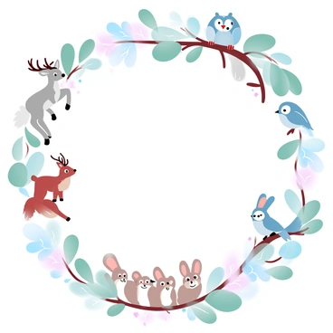 A border filled with charming woodland creatures is surrounding an illustration board. The creatures include a small deer with delicate antlers, a playful fox with a bushy tail, and a family of rabbits with soft fur. There are also colorful birds perched on branches and a wise owl sitting on a tree limb. The background features lush green leaves and gentle flowers in various pastel colors, enhancing the whimsical atmosphere of the scene.