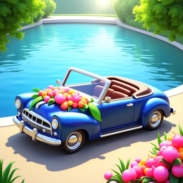 A vintage convertible with elegant curves and a shiny chrome finish. The car is decorated with colorful flowers and flowing ribbons. The vehicle is parked beside a calm lake, with gentle ripples on the water's surface. Lush greenery surrounds the lake, enhancing the vibrant colors of the flowers. Sunlight reflects off the lake, casting a warm glow on the scene.