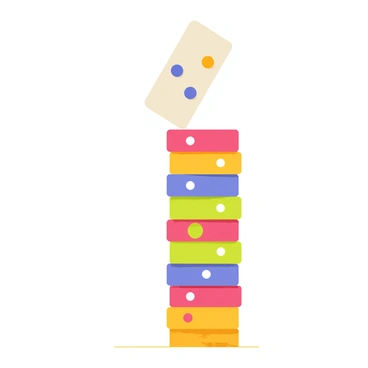 A tall tower of colorful dominoes stands precariously. The top domino tilts at an angle, beginning to fall. As it tumbles, the ones below it start to react, sequentially toppling over in a chain reaction. Each domino features bright patterns and vivid colors, creating a vibrant visual spectacle. The scene captures the moment where the uppermost domino has just fallen, while the others are in various stages of collapse, emphasizing motion and momentum.