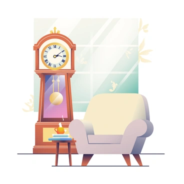 A classic grandfather clock with an ornate wooden case stands tall in the corner of a peaceful living room. The clock features a pendulum swinging gently behind a glass door, and its face has large Roman numerals and elegant brass hands. The room is decorated with soft, warm lighting that highlights a cozy armchair upholstered in light beige fabric. There is a small wooden side table next to the chair, holding a steaming cup of tea and a stack of books. In the background, a subtle floral-patterned wallpaper adds a touch of charm, while a large window allows natural light to filter in, illuminating the space.