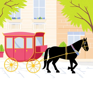 A regal horse-drawn carriage with a rich burgundy exterior is traveling down a cobblestone street. The carriage features gold accents and decorative patterns, with a pair of majestic black horses pulling it. The horses wear elegant harnesses adorned with feathers. The cobblestone street is lined with quaint brick buildings, and there are leafy green trees partially shading the scene. A gentle breeze sways the branches, while a few colorful flower pots sit by the windows of the buildings.