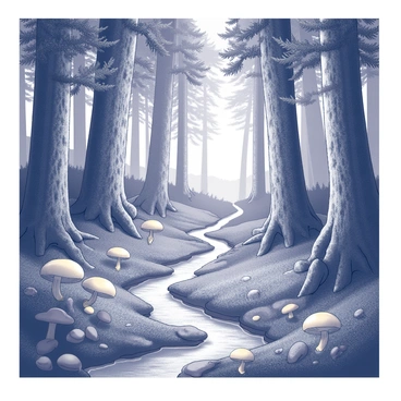 A dense forest filled with towering trees, their trunks covered in intricate patterns of bark. The ground is dotted with mushrooms that emit a soft glow, illuminating the surrounding underbrush. Streams meander through the landscape, the water glistening as it flows gently over smooth stones. The forest is rich with lush foliage, and the interplay of light and shadow creates a sense of depth and mystery. Small animals can be seen scurrying between the roots of the trees.